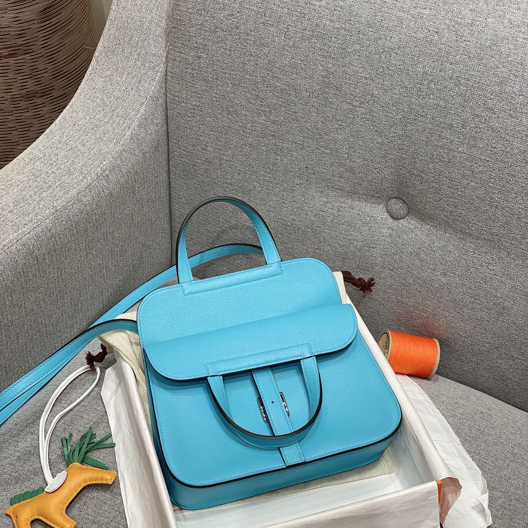 Hermes Mini Halzan 22 Handbag Shoulder Bag In Blue Atoll Swift Leather